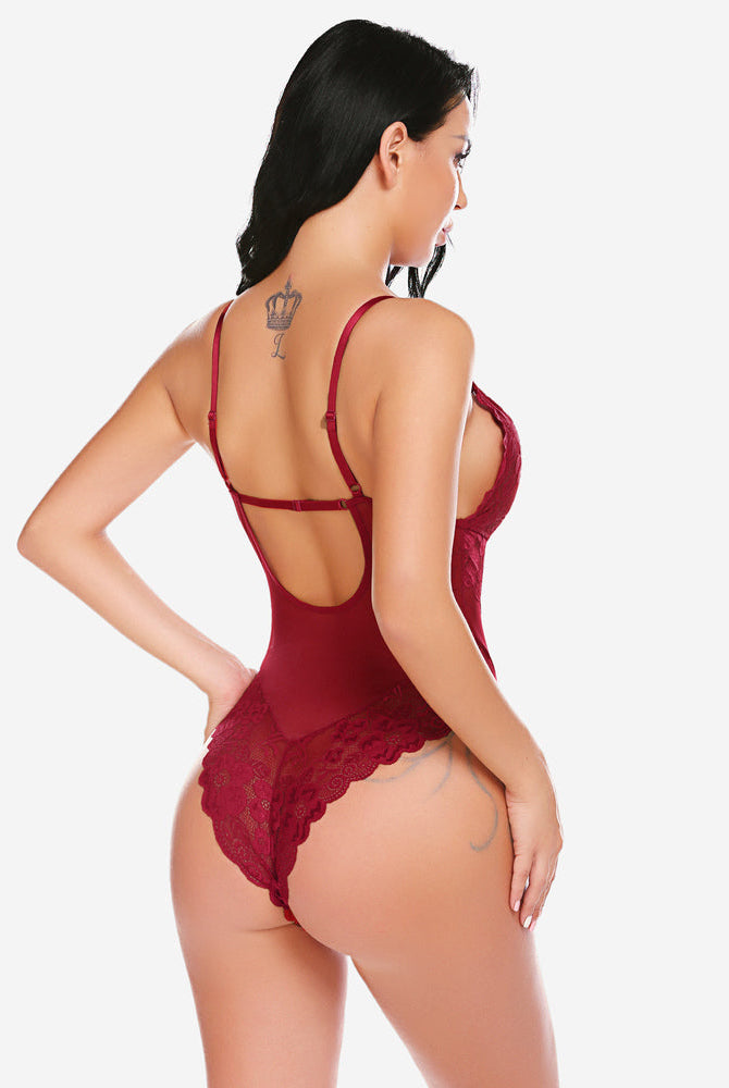 Burgundy lace teddy bodysuit with adjustable straps and snap crotch by Avidlove on a model
