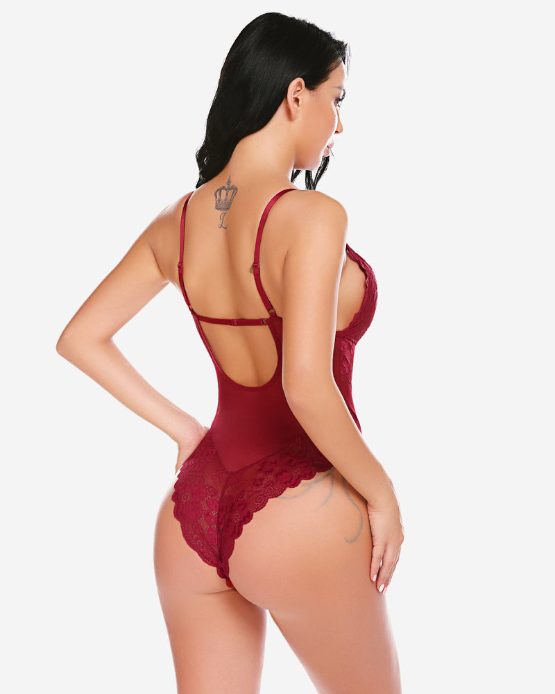 Plus size burgundy floral lace bodysuit with adjustable straps, confident style.