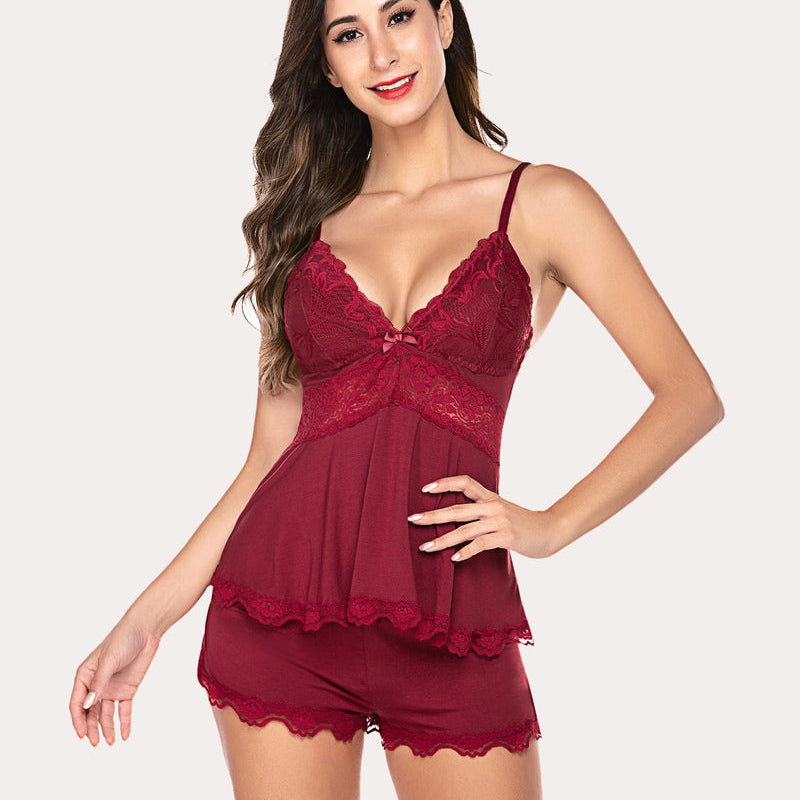 Burgundy Avidlove lace pajama lounge set with lace trim; comfortable and stylish sleepwear.