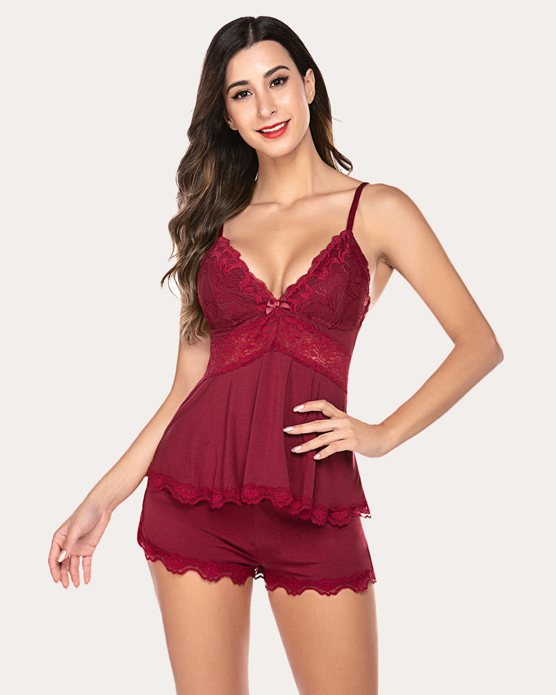Burgundy Avidlove lace pajama lounge set with lace trim; comfortable and stylish sleepwear.