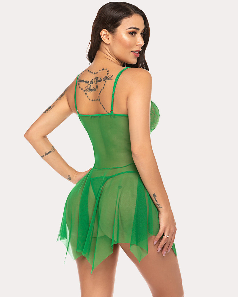 Green Christmas Lingerie for women, babydoll nightie, featuring lace detail and asymmetrical hem