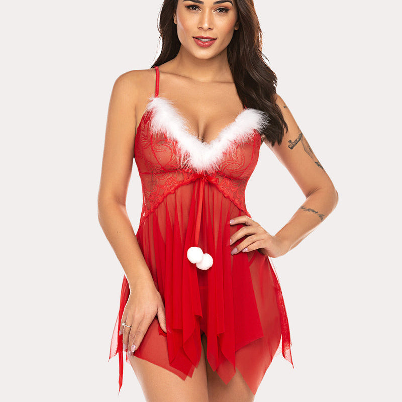 Red Christmas Lingerie Nightie with White Feathered Trim, Lace, and Asymmetrical Hem