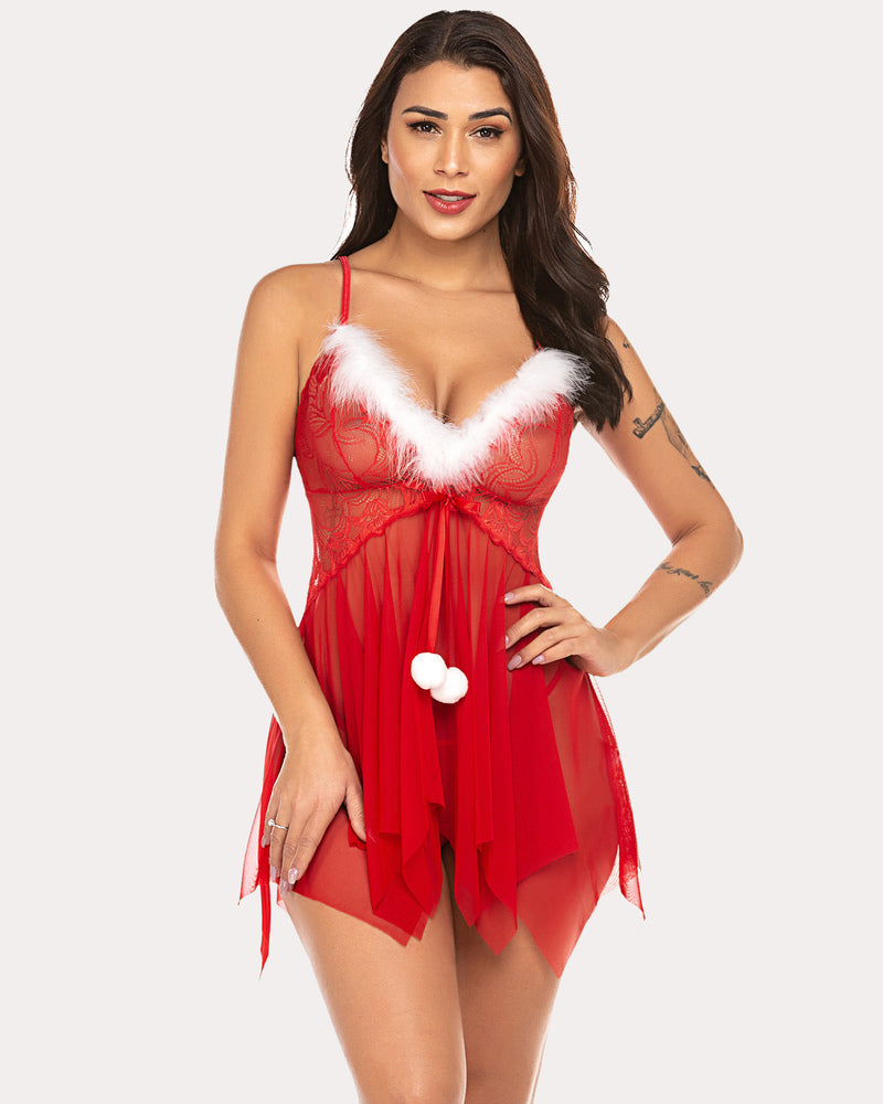 Red Christmas Lingerie Nightie with White Feathered Trim, Lace, and Asymmetrical Hem