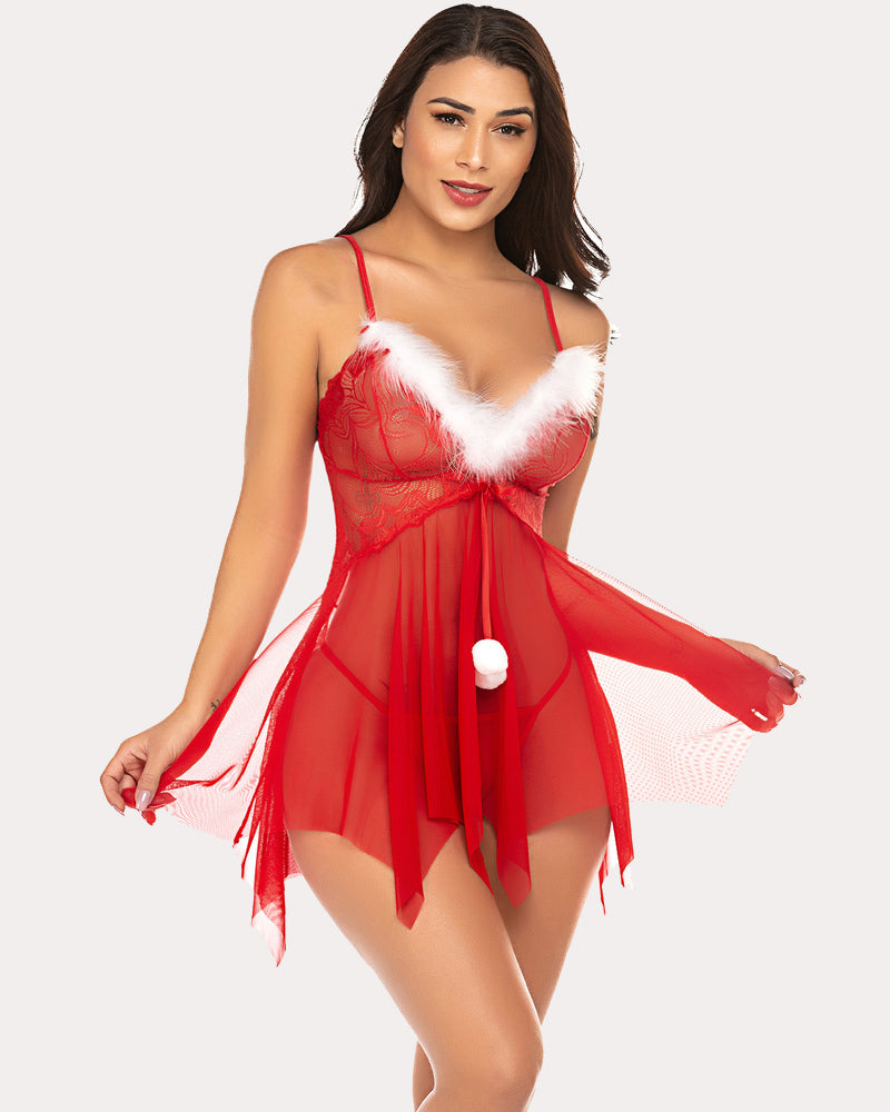 Avidlove Christmas Lingerie, red nightie with white feathered neckline and asymmetrical hem.