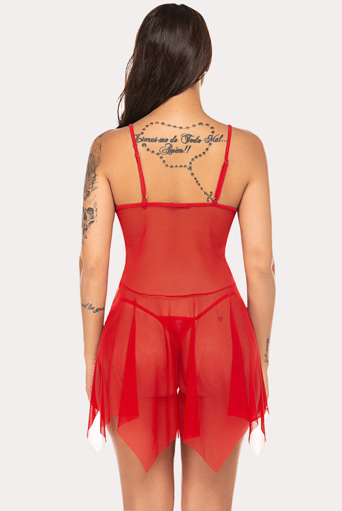 Red Christmas lingerie with asymmetrical hem, sheer design, and thong. Holiday sleepwear.