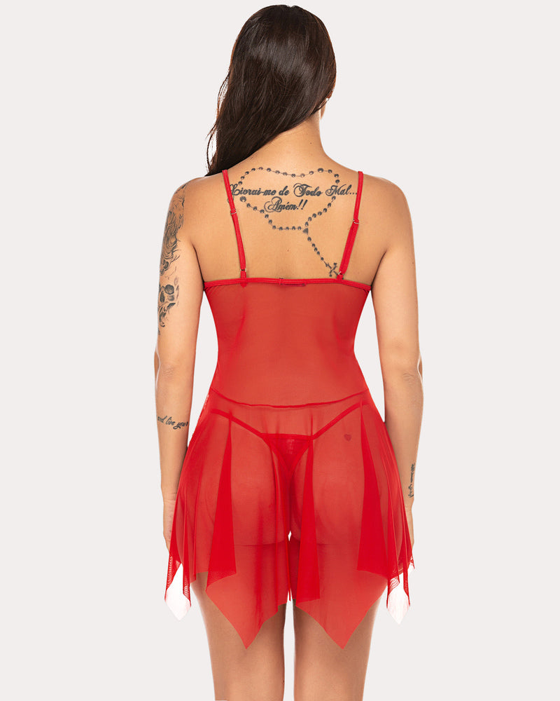 Red Christmas lingerie with asymmetrical hem, sheer design, and thong. Holiday sleepwear.