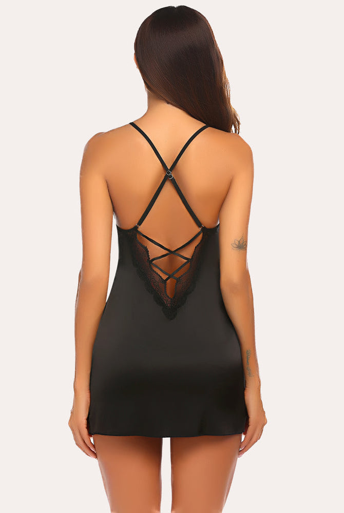 Black satin nightgown with lace back detail, sexy sleepwear, Avidlove lingerie