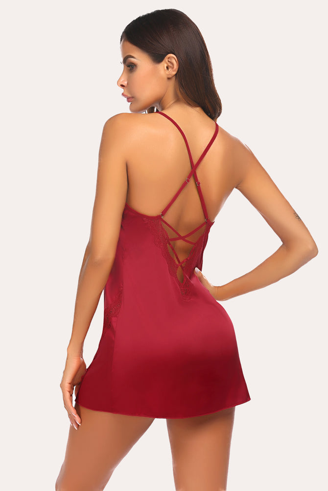 Burgundy satin sleepwear dress with lace-up back detail by Avidlove, sexy and comfortable nightgown.