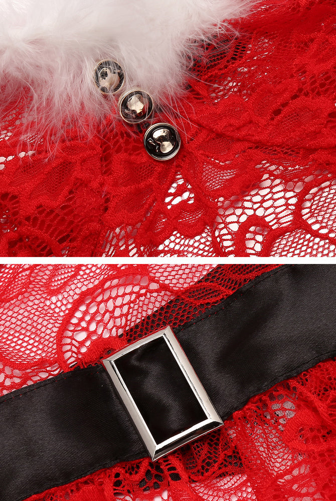 Red lace Christmas lingerie Santa babydoll with feather trim and black belt, perfect for Christmas