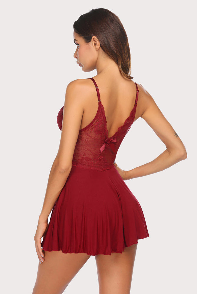 Burgundy lace slip dress with bow detail, elegant and charming Avidlove lingerie