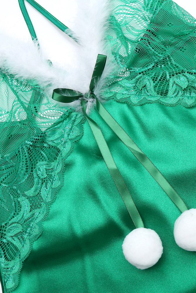 Green satin Christmas chemise lingerie with white fur trim, festive holiday outfit by Avidlove