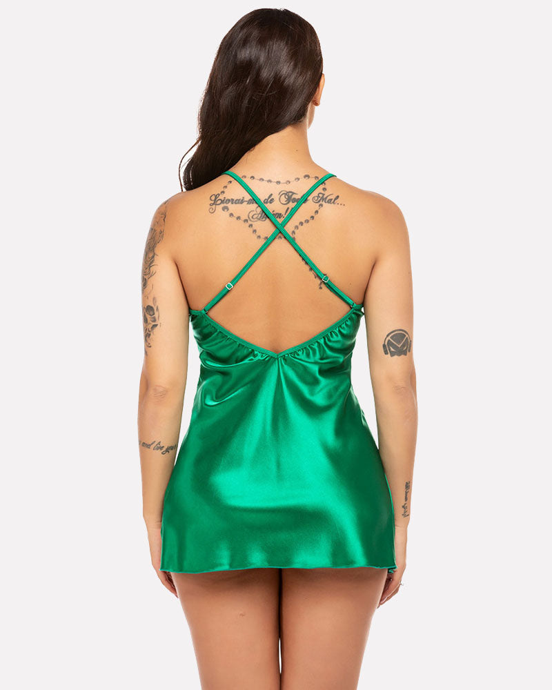 Green satin Christmas chemise lingerie, festive holiday outfit, criss-cross straps by Avidlove
