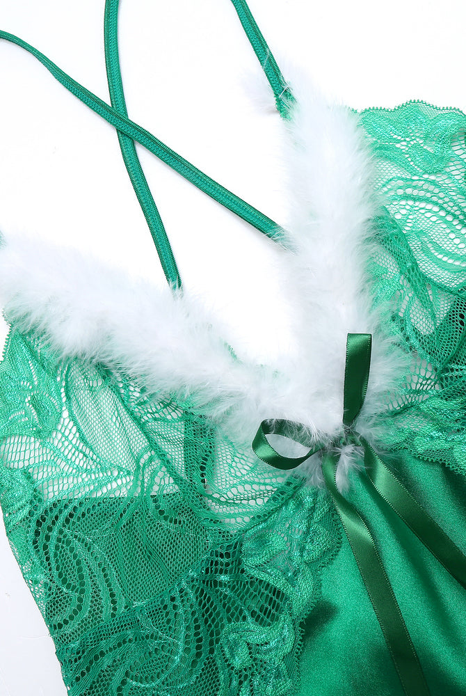 Green Christmas satin chemise lingerie with white fur trim, festive Avidlove holiday piece