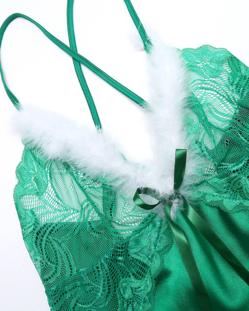 Green Christmas satin chemise lingerie with white fur trim, festive Avidlove holiday piece