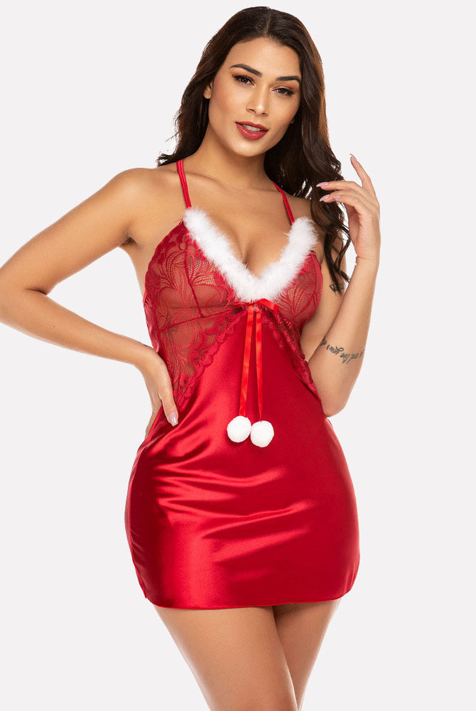 Christmas red satin chemise with lace, white fur trim, festive holiday lingerie by Avidlove.