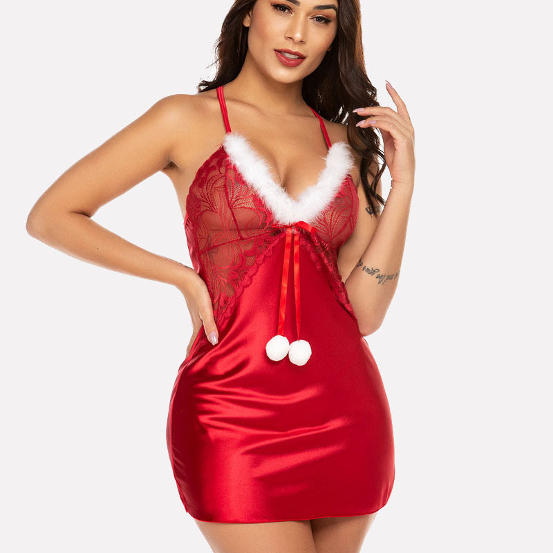 Christmas red satin chemise with lace, white fur trim, festive holiday lingerie by Avidlove.