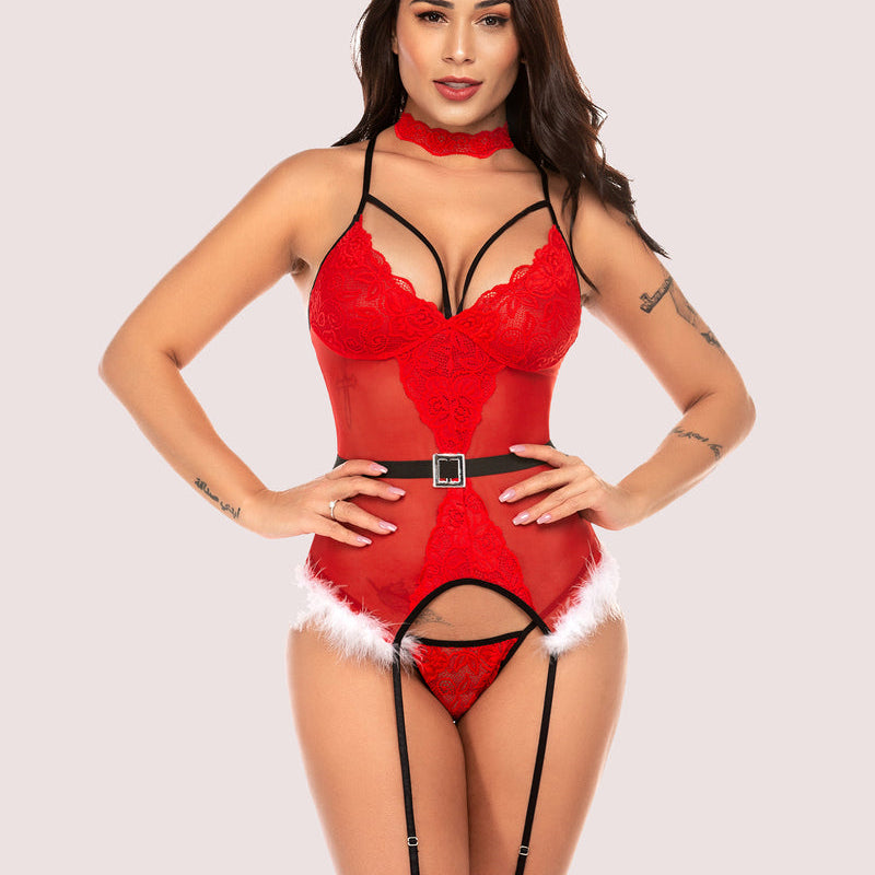 Red lace lingerie with floral lace, choker, garter straps, and belt for Valentine's Day.