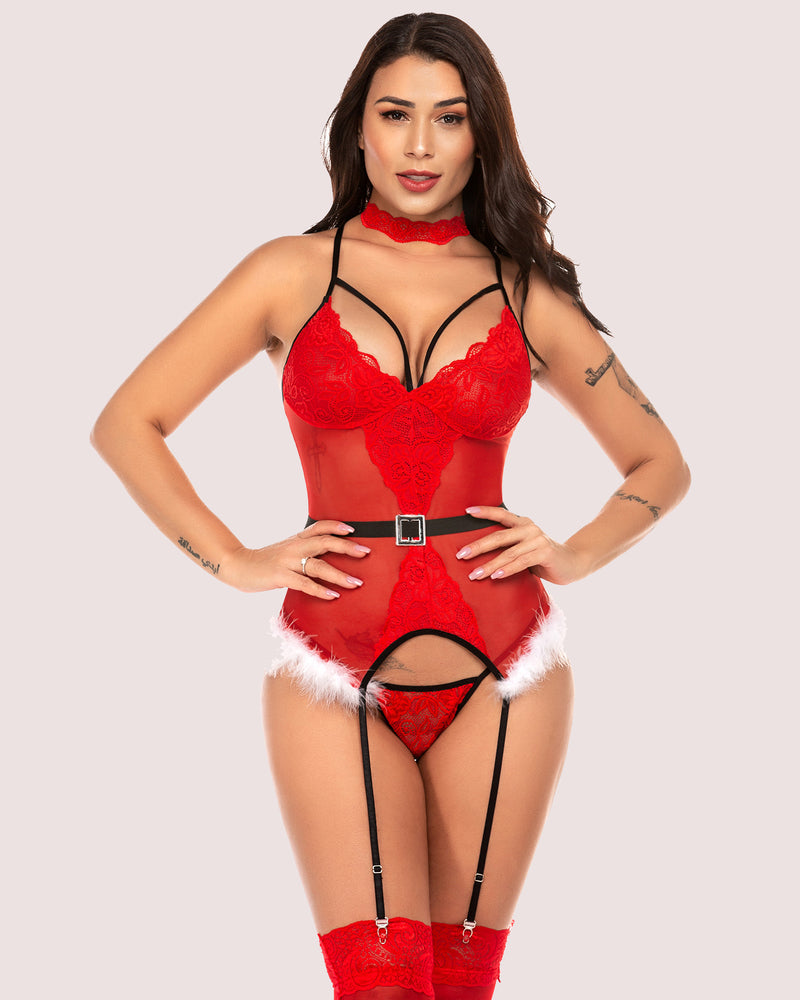 Red lace lingerie with floral lace, choker, garter straps, and belt for Valentine's Day.