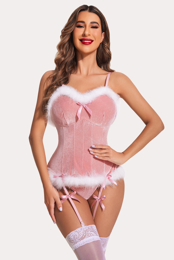 Pink velvet Santa corset lingerie set with fur trim and bows. Christmas holiday outfit.