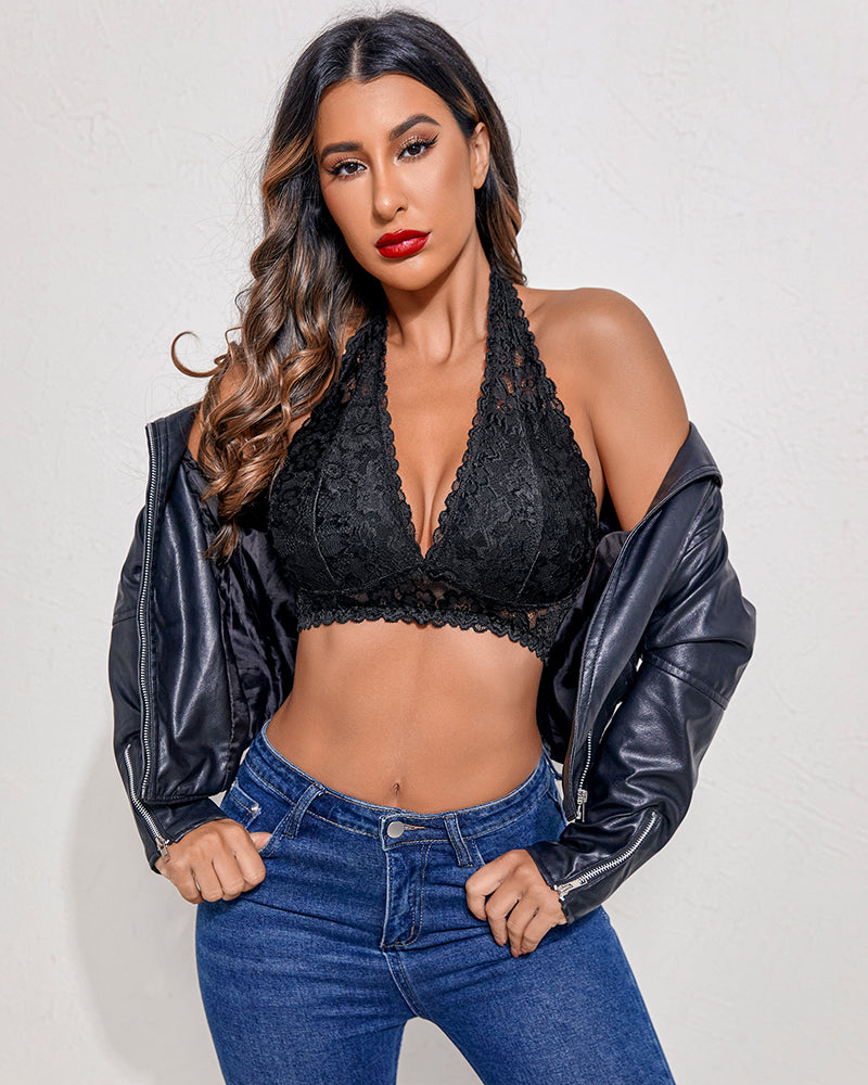 Black lace halter bra with deep V-neck, leather jacket and jeans.