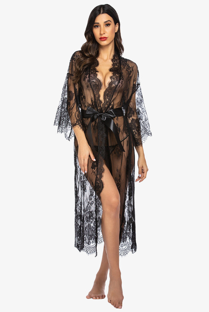 Black lace kimono robe with eyelash trim and satin belt. Sheer nightdress for sexy, confident women.