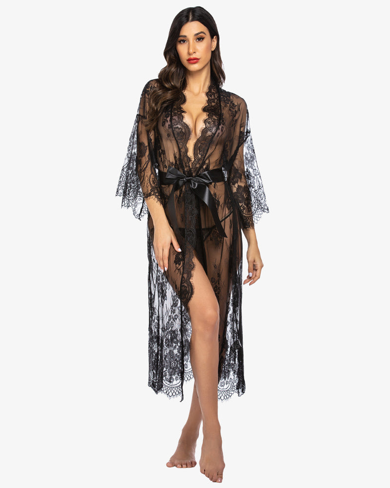 Black lace kimono robe with eyelash trim and satin belt. Sheer nightdress for sexy, confident women.