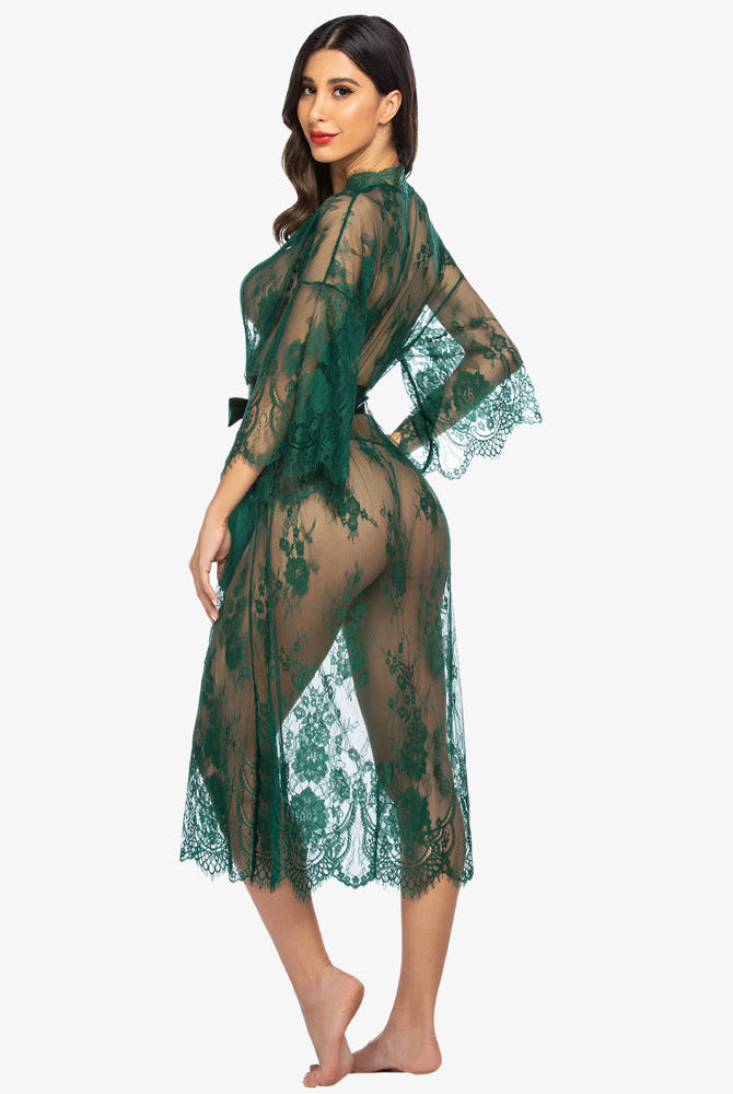 Green lace kimono robe with eyelash trim and satin belt. Sheer nightdress for sexy, confident women.