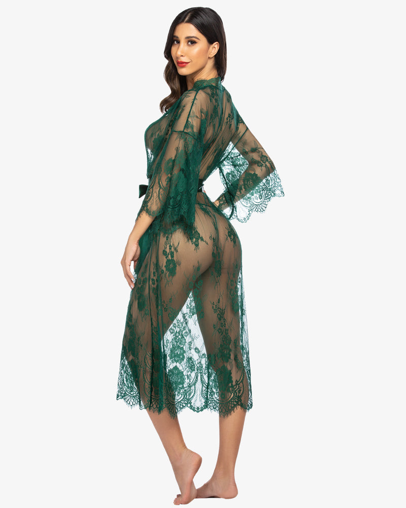 Green lace kimono robe with eyelash trim and satin belt. Sheer nightdress for sexy, confident women.