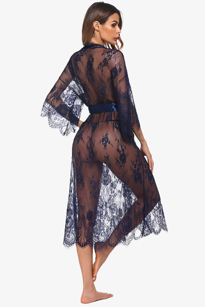 Navy blue lace kimono robe with eyelash trim and satin belt. Sheer nightdress for sexy lingerie.