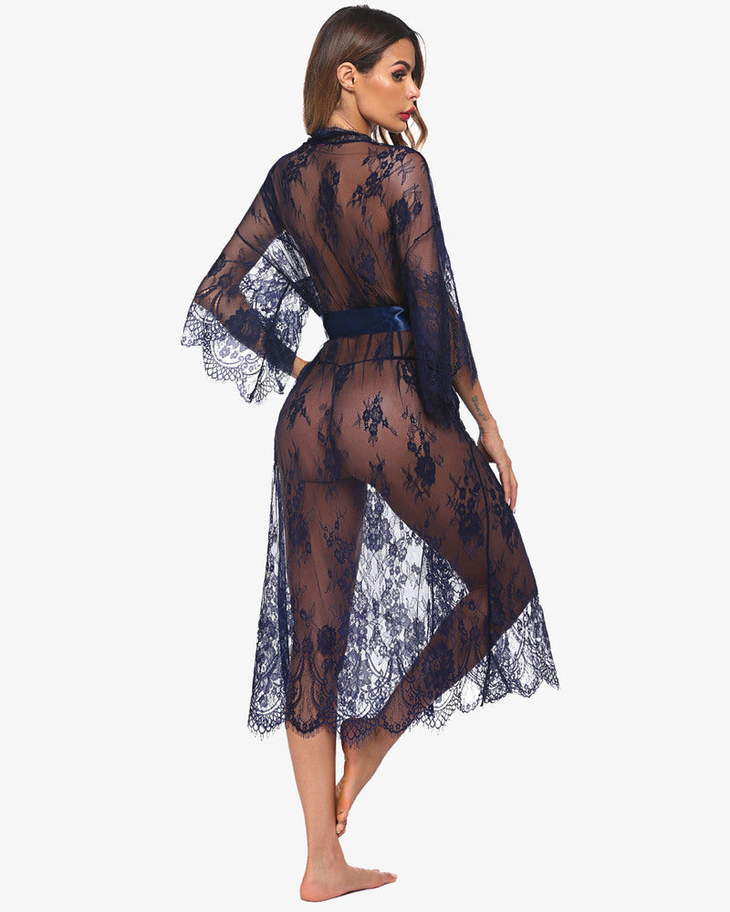 Navy blue lace kimono robe with eyelash trim and satin belt. Sheer nightdress for sexy lingerie.