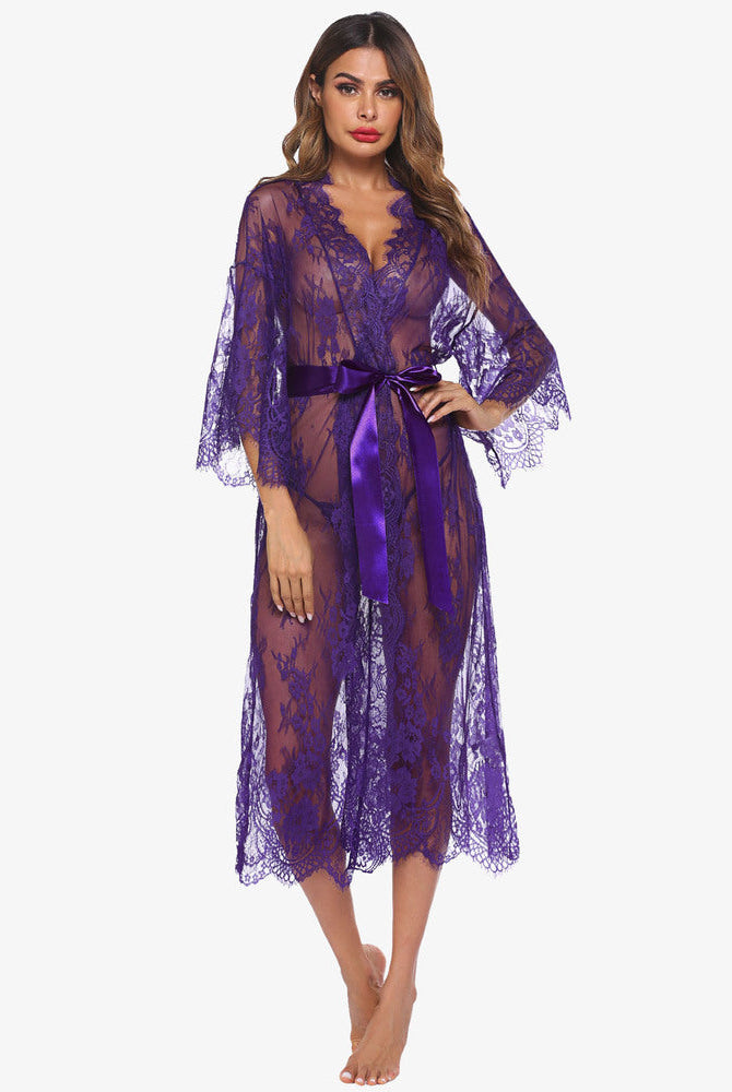 Sheer purple lace kimono robe with eyelash trim and satin belt. Sexy lingerie nightdress.