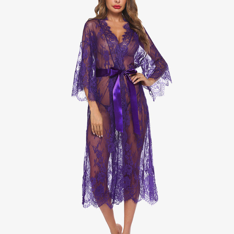 Sheer purple lace kimono robe with eyelash trim and satin belt. Sexy lingerie nightdress.