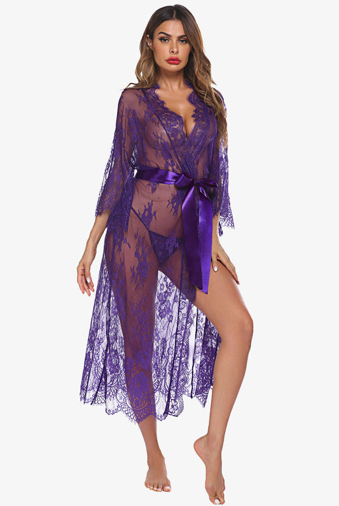 Purple lace kimono robe with eyelash trim and satin belt. Sheer nightdress lingerie.