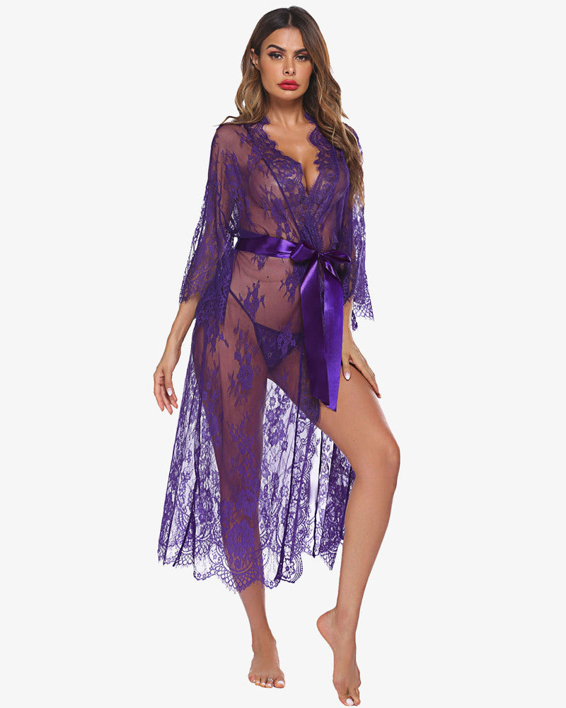 Purple lace kimono robe with eyelash trim and satin belt. Sheer nightdress lingerie.