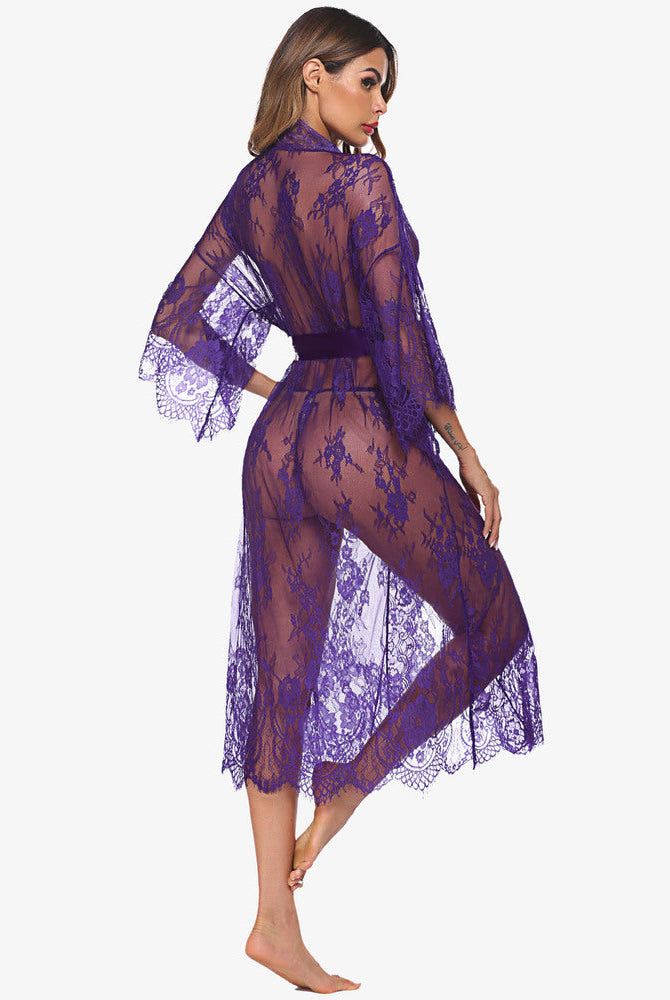 Purple lace kimono robe with eyelash trim, and satin belt. Sheer nightdress lingerie for sexy women.