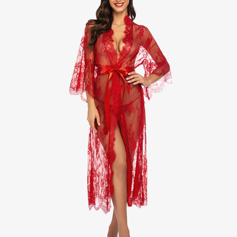 Red lace kimono robe with eyelash trim and satin belt. Sheer nightdress lingerie from Avidlove.