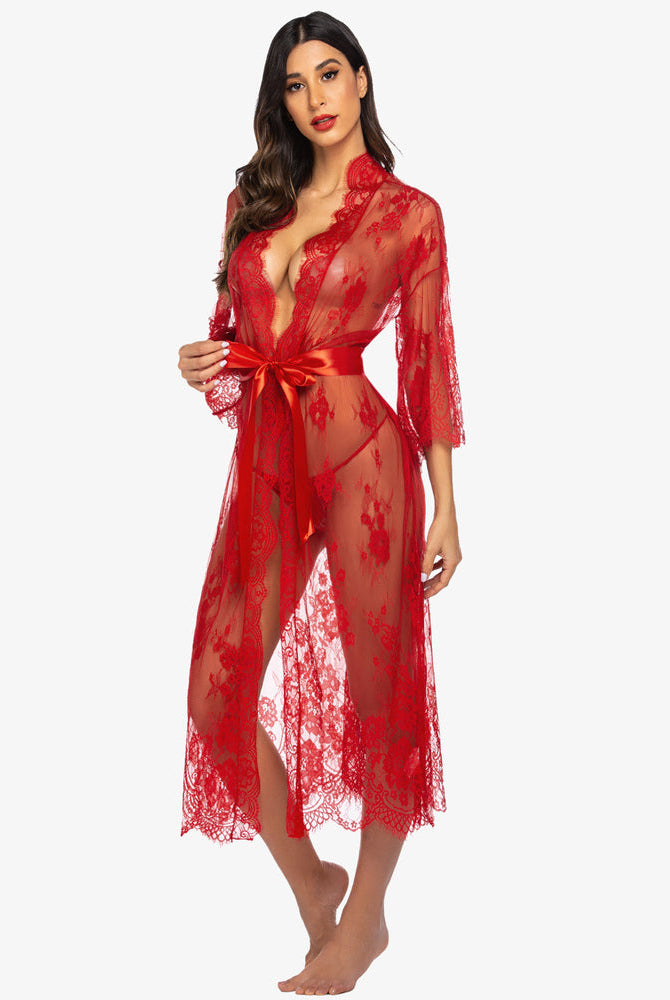 Red lace kimono robe with eyelash trim, satin belt. Sheer nightdress lingerie for sexy women.