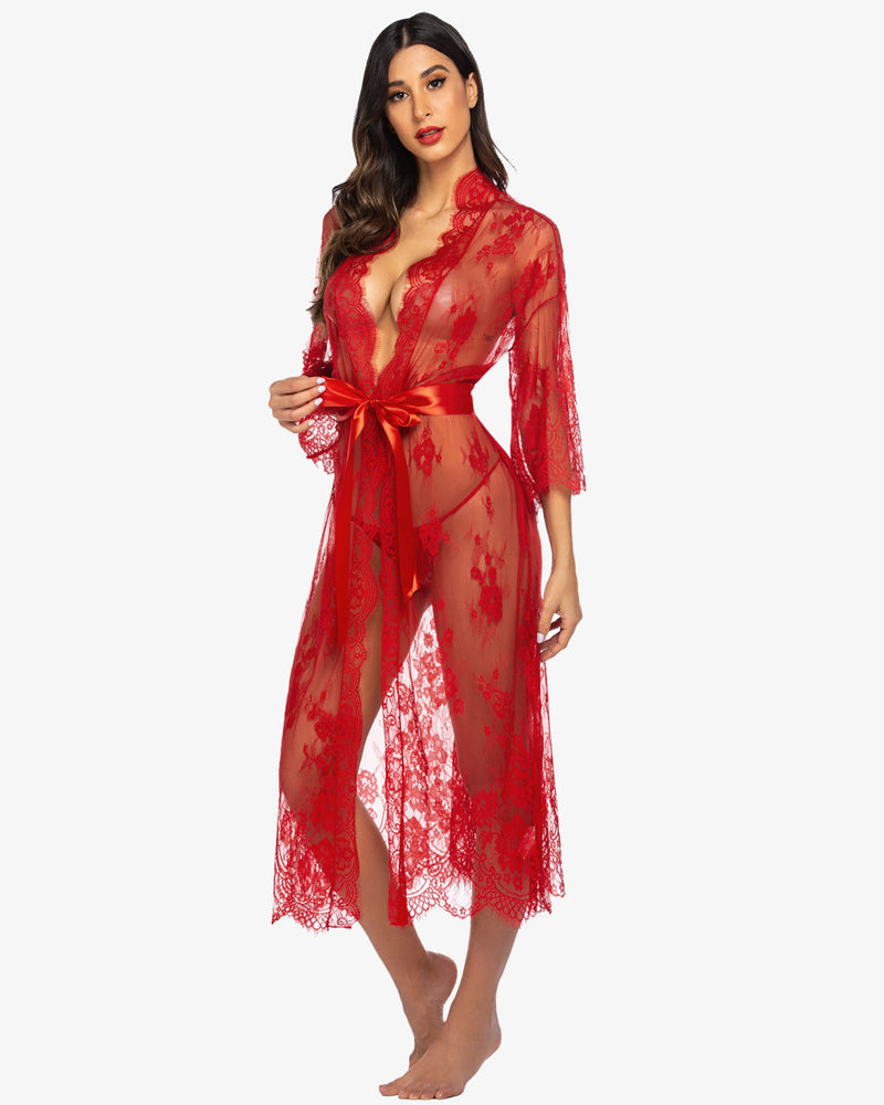 Red lace kimono robe with eyelash trim, satin belt. Sheer nightdress lingerie for sexy women.