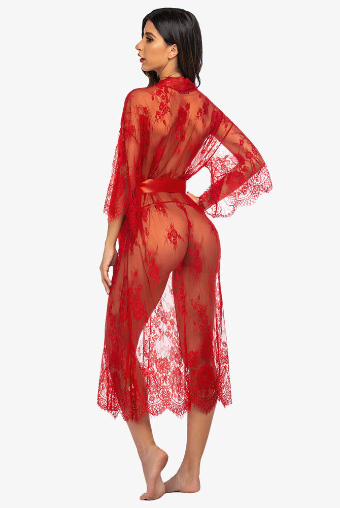 Red lace kimono robe with eyelash trim and satin belt. Sheer nightdress for confident women.