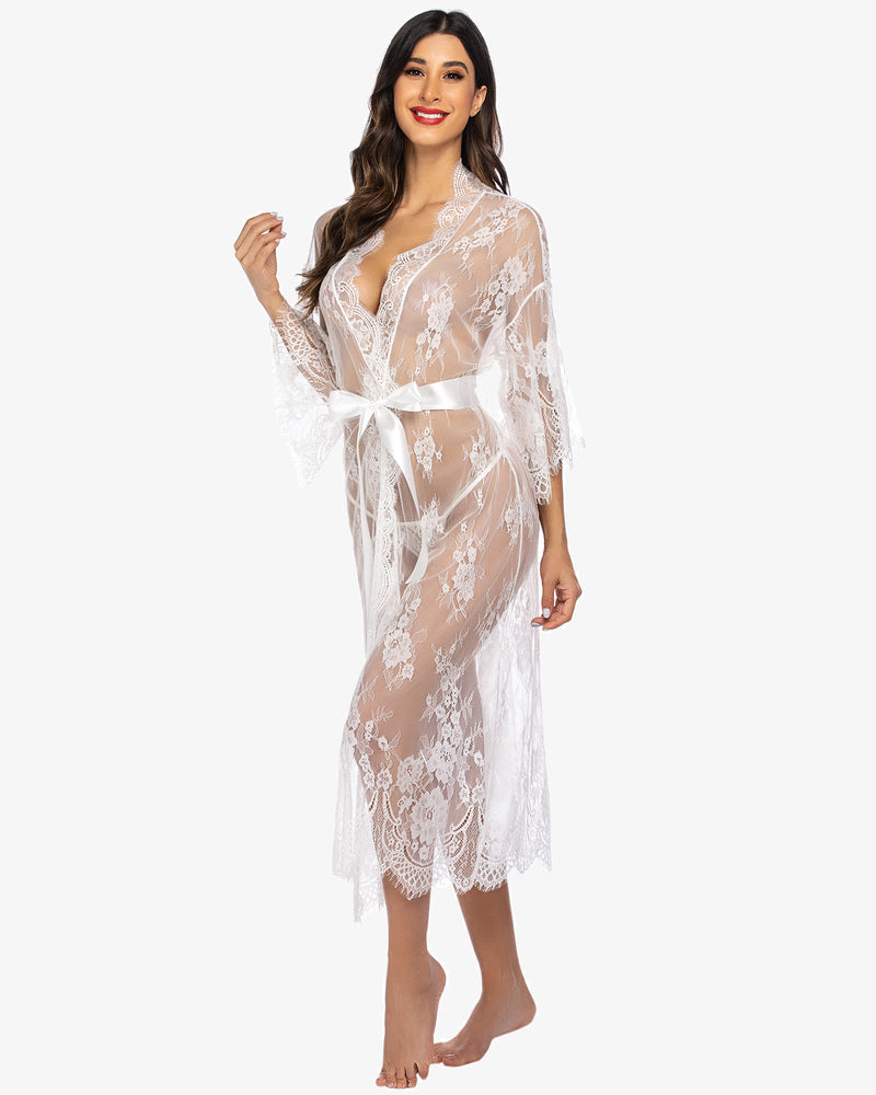 White lace kimono robe with eyelash trim and satin belt, a sheer nightdress for sexy lingerie.