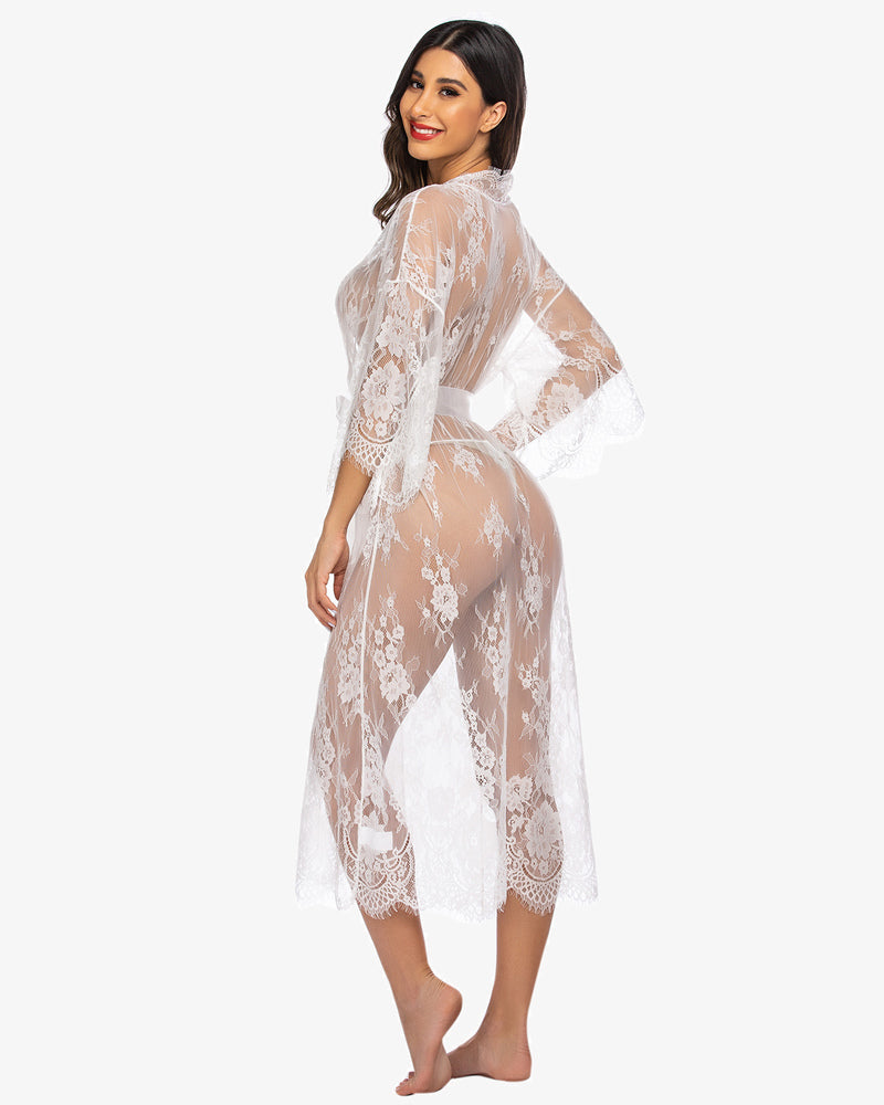 White lace kimono robe with eyelash trim and satin belt, Avidlove lingerie, sheer nightdress