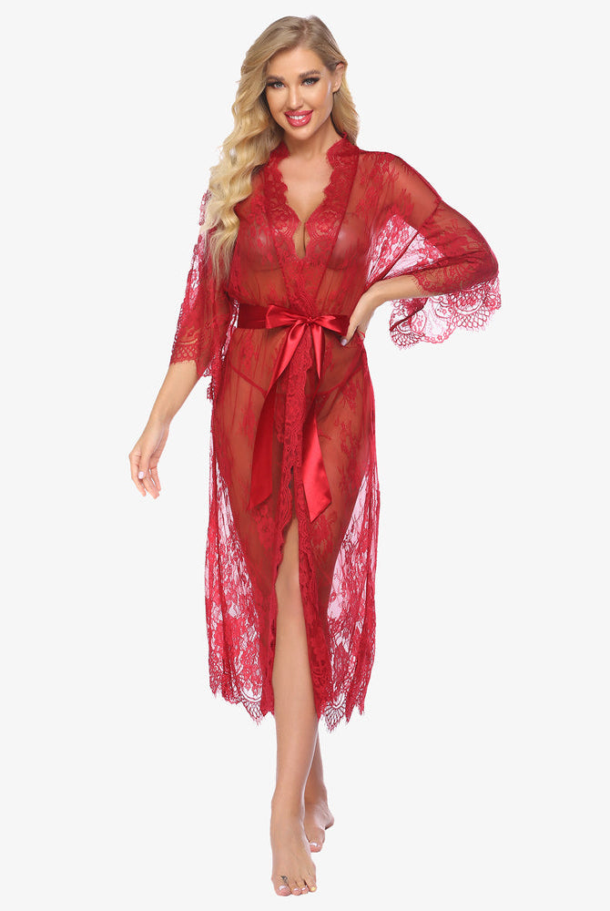 Red lace kimono robe with eyelash trim and satin belt from Avidlove