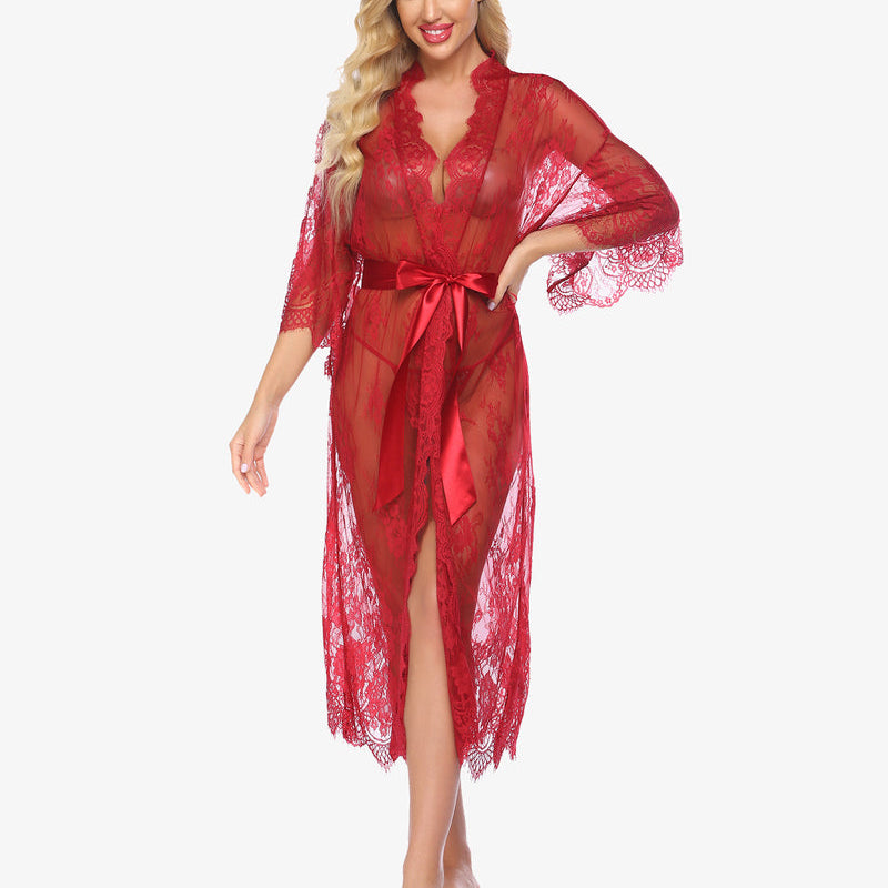 Red lace kimono robe with eyelash trim and satin belt from Avidlove