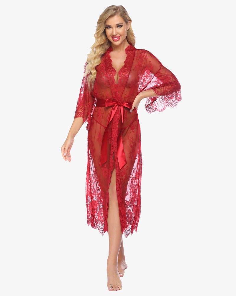 Red lace kimono robe with eyelash trim and satin belt from Avidlove