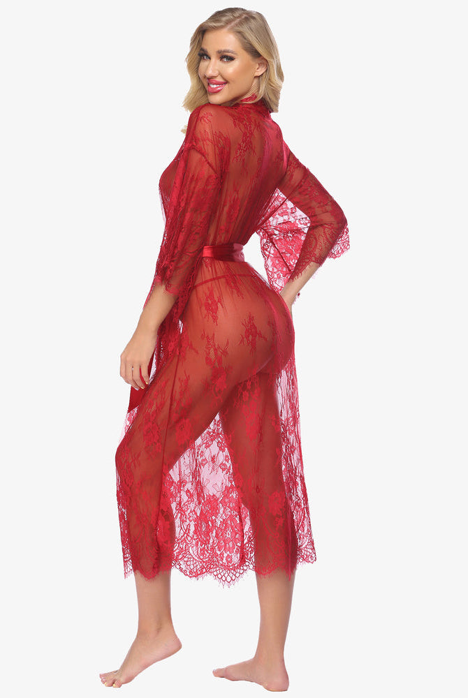 Red lace kimono robe nightdress with eyelash trim and satin belt, Avidlove lingerie, sheer and sexy