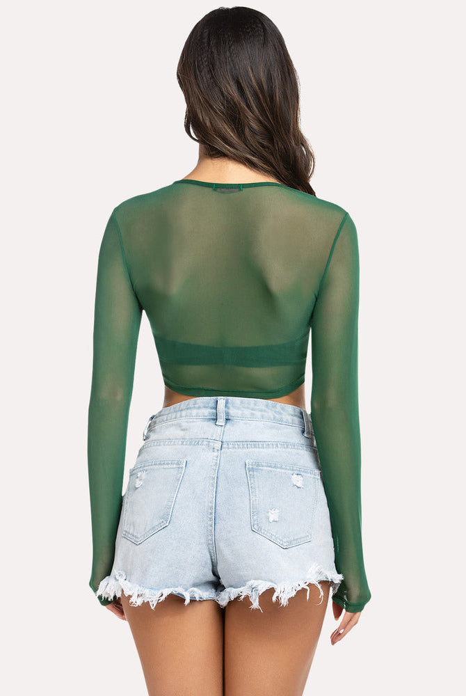Green mesh crop top with long sleeves and denim shorts. Sexy Avidlove lingerie for women.
