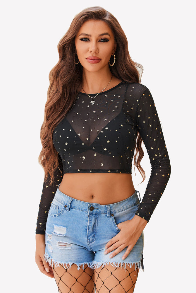 Black star mesh crop top with denim shorts. See-through and sexy design.