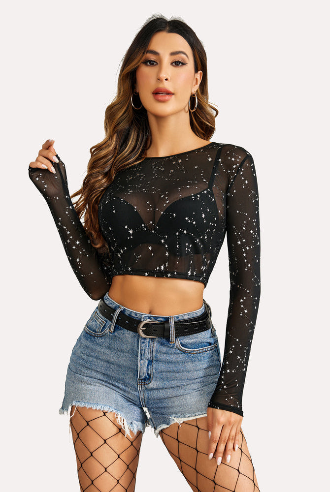 Black star mesh crop top with denim shorts, a see-through and sexy design for women.