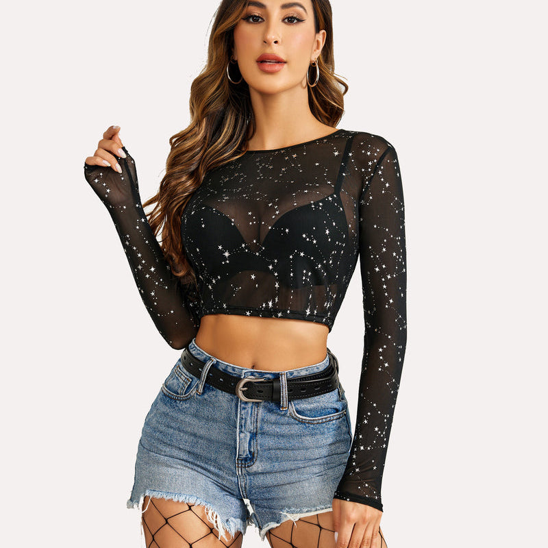 Black star mesh crop top with denim shorts, a see-through and sexy design for women.