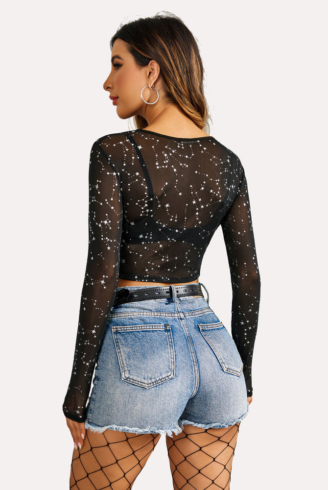 Star mesh crop top with denim shorts. See-through design, comfortable and sexy.